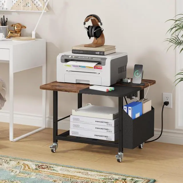 Alt view image 5 of 7 - 23.6" Large Printer Stand with Power Outlet,3D Printer Table | Rustic Brown,Heavy Duty Rolling Cart for Home Office,Storage Side Pocket,Holds 150 lbs,Fit 3D Printer/Laser/Heat Press Table