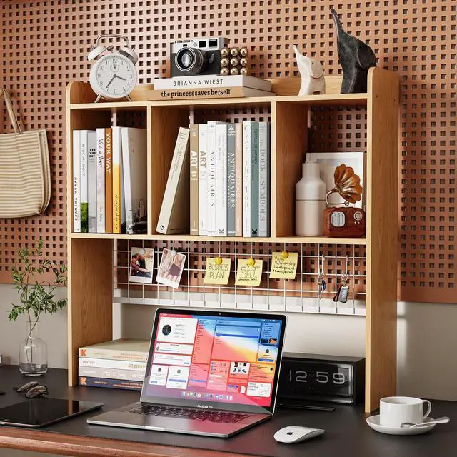 Main image of Desktop Bookshelf,Countertop Storage Hutch with 3 Shelves for Computer Desk2-Tier Display Rack with Grid Panel, Multipurpose Wood Desk Hutch Storage Organizer for Home Office Dorm (Natural)