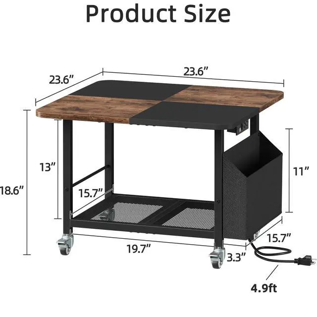 Alt view image 6 of 7 - 23.6" Large Printer Stand with Power Outlet,3D Printer Table | Rustic Brown,Heavy Duty Rolling Cart for Home Office,Storage Side Pocket,Holds 150 lbs,Fit 3D Printer/Laser/Heat Press Table