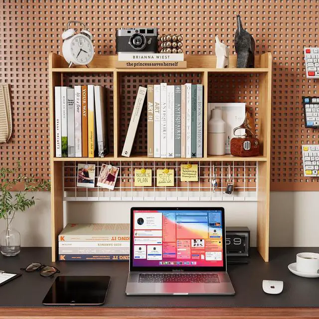 Alt view image 3 of 7 - Desktop Bookshelf,Countertop Storage Hutch with 3 Shelves for Computer Desk2-Tier Display Rack with Grid Panel, Multipurpose Wood Desk Hutch Storage Organizer for Home Office Dorm (Natural)