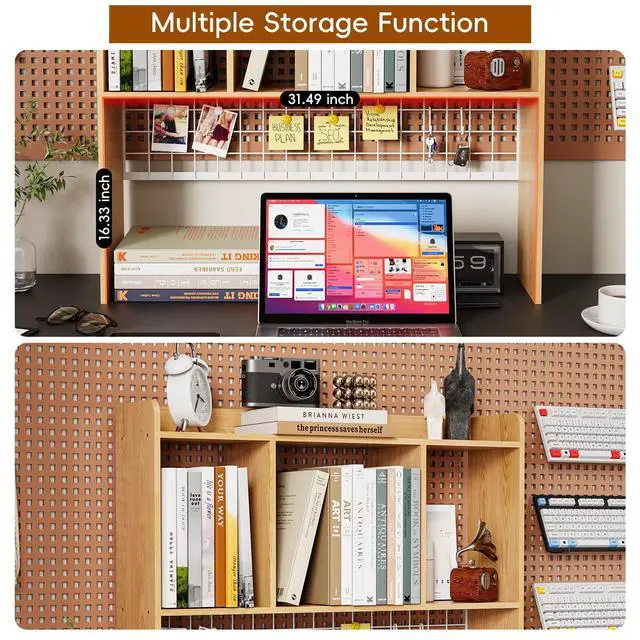 Alt view image 6 of 7 - Desktop Bookshelf,Countertop Storage Hutch with 3 Shelves for Computer Desk2-Tier Display Rack with Grid Panel, Multipurpose Wood Desk Hutch Storage Organizer for Home Office Dorm (Natural)