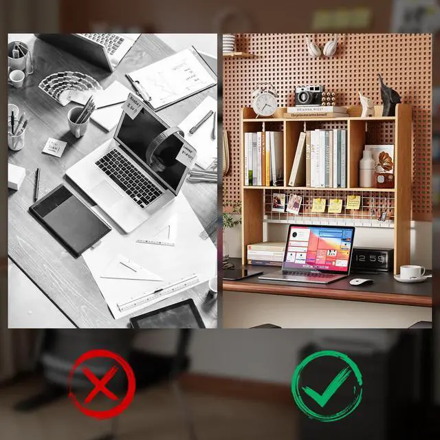 Alt view image 5 of 7 - Desktop Bookshelf,Countertop Storage Hutch with 3 Shelves for Computer Desk2-Tier Display Rack with Grid Panel, Multipurpose Wood Desk Hutch Storage Organizer for Home Office Dorm (Natural)