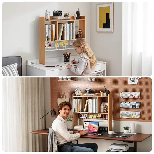 Alt view image 7 of 7 - Desktop Bookshelf,Countertop Storage Hutch with 3 Shelves for Computer Desk2-Tier Display Rack with Grid Panel, Multipurpose Wood Desk Hutch Storage Organizer for Home Office Dorm (Natural)