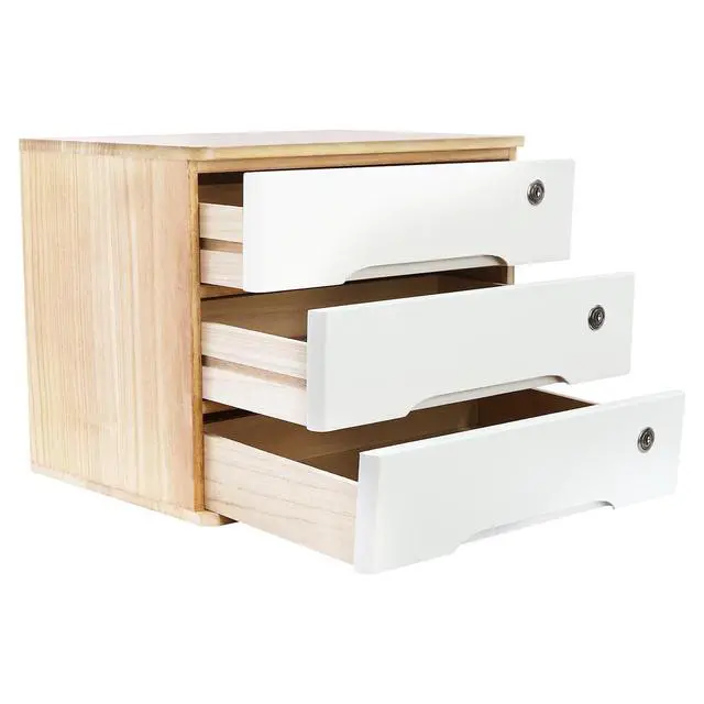 Alt view image 6 of 7 - Wood Desk Organizer with 3 Drawers, Lockable Desktop Countertop Storage Cabinet for Home Office Supplies File Tabletop Organizing Unit, 15.75" x 11.02" x 12.2" (Wood)
