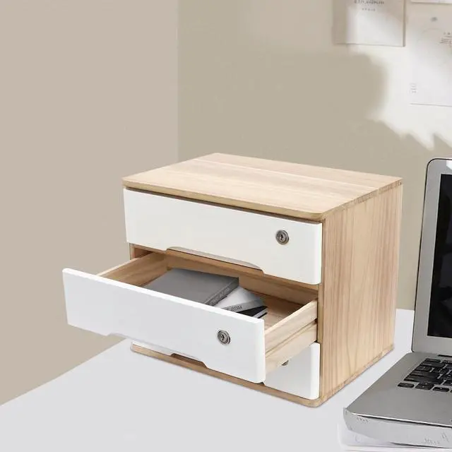 Alt view image 5 of 7 - Wood Desk Organizer with 3 Drawers, Lockable Desktop Countertop Storage Cabinet for Home Office Supplies File Tabletop Organizing Unit, 15.75" x 11.02" x 12.2" (Wood)
