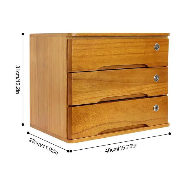 Alt view image 3 of 7 - Wood Desk Organizer with 3 Drawers, Lockable Desktop Countertop Storage Cabinet for Home Office Supplies File Tabletop Organizing Unit, 15.75" x 11.02" x 12.2" (Brown)