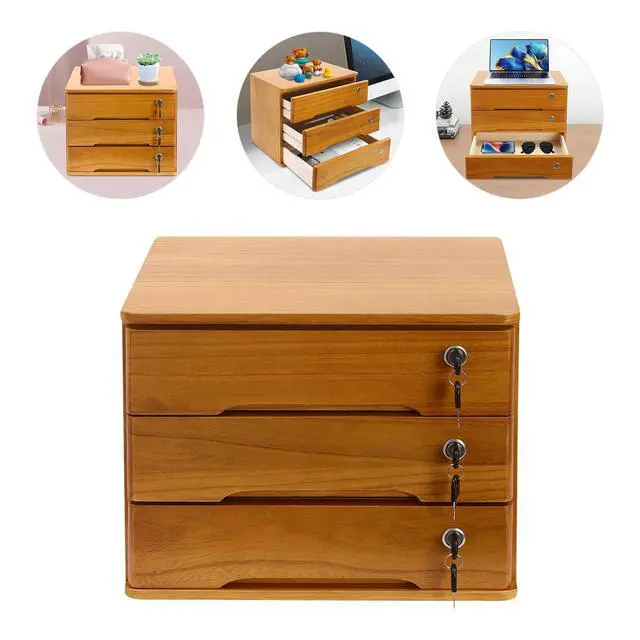 Alt view image 5 of 7 - Wood Desk Organizer with 3 Drawers, Lockable Desktop Countertop Storage Cabinet for Home Office Supplies File Tabletop Organizing Unit, 15.75" x 11.02" x 12.2" (Brown)