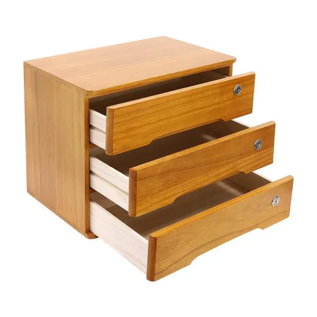 Alt view image 6 of 7 - Wood Desk Organizer with 3 Drawers, Lockable Desktop Countertop Storage Cabinet for Home Office Supplies File Tabletop Organizing Unit, 15.75" x 11.02" x 12.2" (Brown)