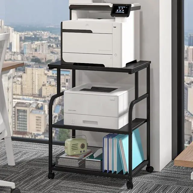 Main image of 3-Tier Adjustable Large Printer Stand with Storage, Rolling Printer Cart with Lockable Wheels for Home, Office (Black)