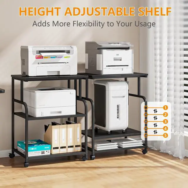 Alt view image 2 of 7 - 3-Tier Adjustable Large Printer Stand with Storage, Rolling Printer Cart with Lockable Wheels for Home, Office (Black)