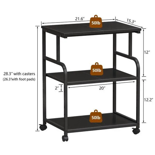 Alt view image 3 of 7 - 3-Tier Adjustable Large Printer Stand with Storage, Rolling Printer Cart with Lockable Wheels for Home, Office (Black)