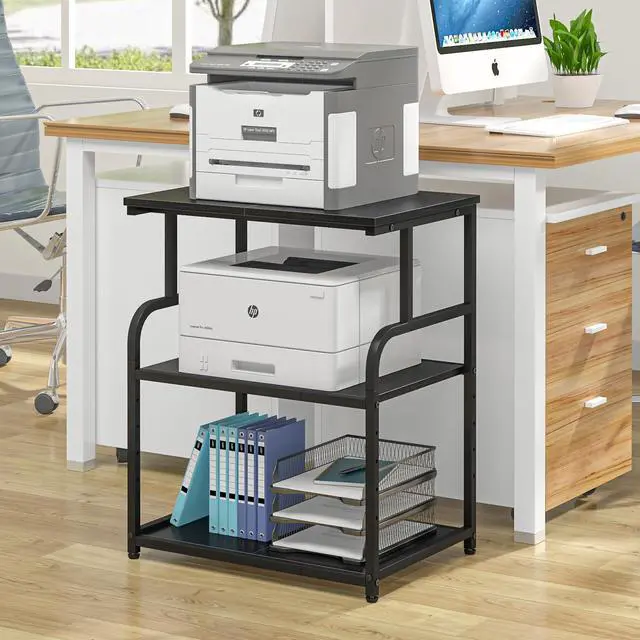Alt view image 5 of 7 - 3-Tier Adjustable Large Printer Stand with Storage, Rolling Printer Cart with Lockable Wheels for Home, Office (Black)