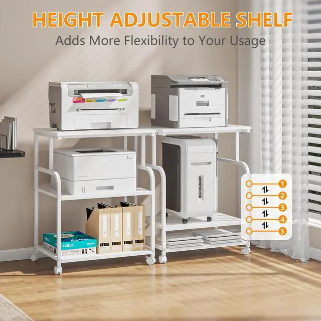 Alt view image 2 of 7 - 3-Tier Large Printer Stand with Storage, Rolling Printer Cart with Lockable Wheels for Home, Office (White)