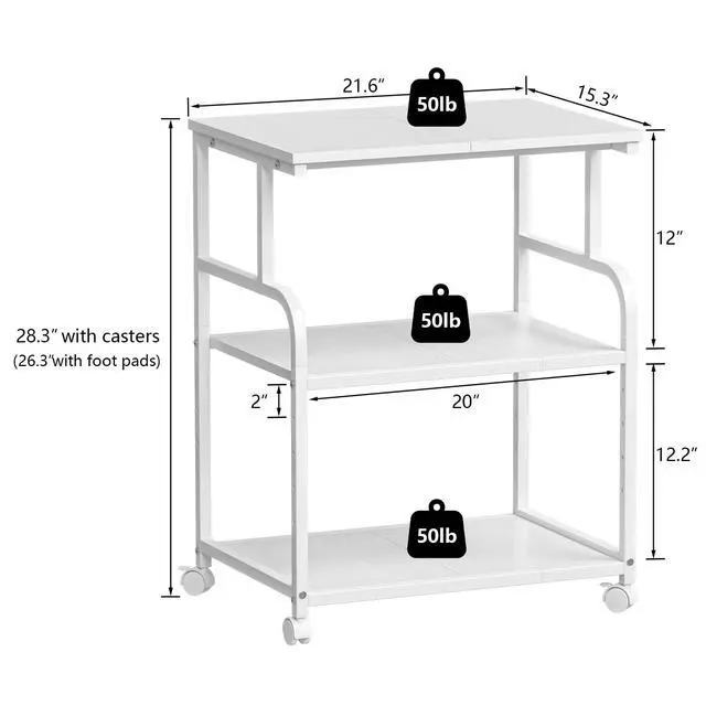 Alt view image 3 of 7 - 3-Tier Large Printer Stand with Storage, Rolling Printer Cart with Lockable Wheels for Home, Office (White)