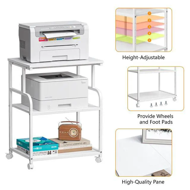 Alt view image 4 of 7 - 3-Tier Large Printer Stand with Storage, Rolling Printer Cart with Lockable Wheels for Home, Office (White)