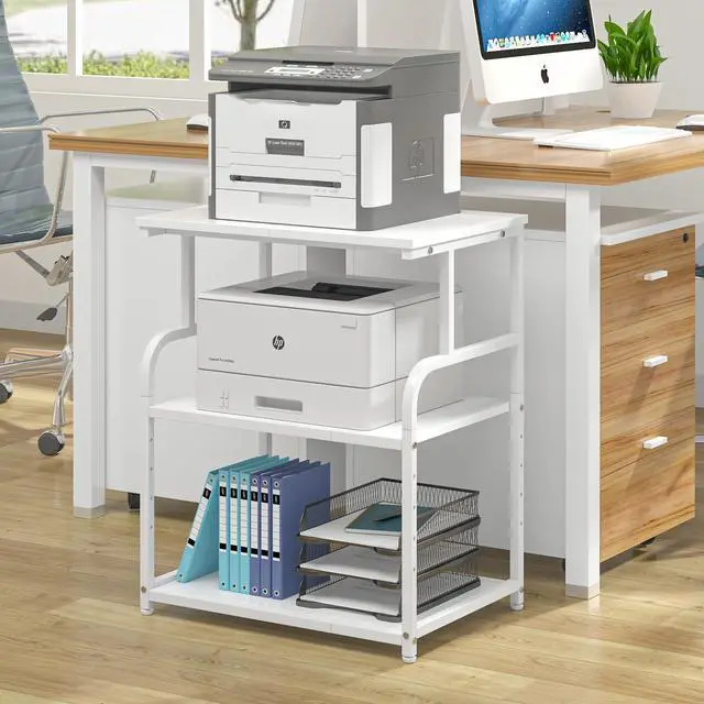 Alt view image 5 of 7 - 3-Tier Large Printer Stand with Storage, Rolling Printer Cart with Lockable Wheels for Home, Office (White)