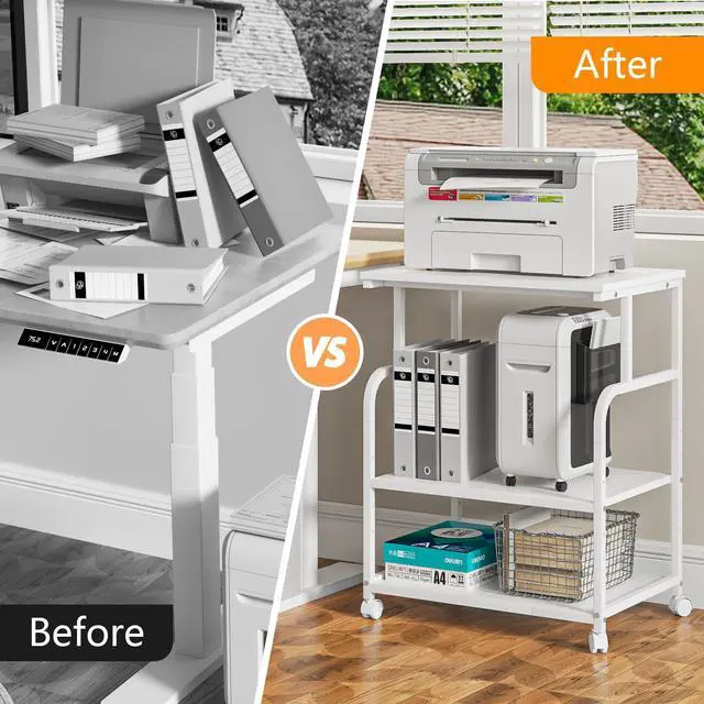 Alt view image 6 of 7 - 3-Tier Large Printer Stand with Storage, Rolling Printer Cart with Lockable Wheels for Home, Office (White)