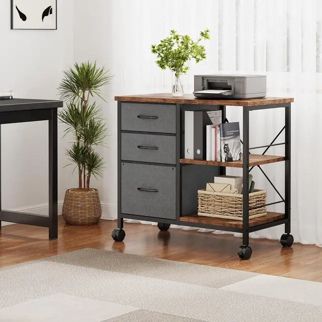 Alt view image 2 of 7 - 3-Tier Mobile File Cabinet, Rolling Printer Stand with Storage | Fabric Lateral Filing Cabinet fits A4/Letter Size, Under Desk Drawer Cabinet, Printer Cart for Home Office, Gray