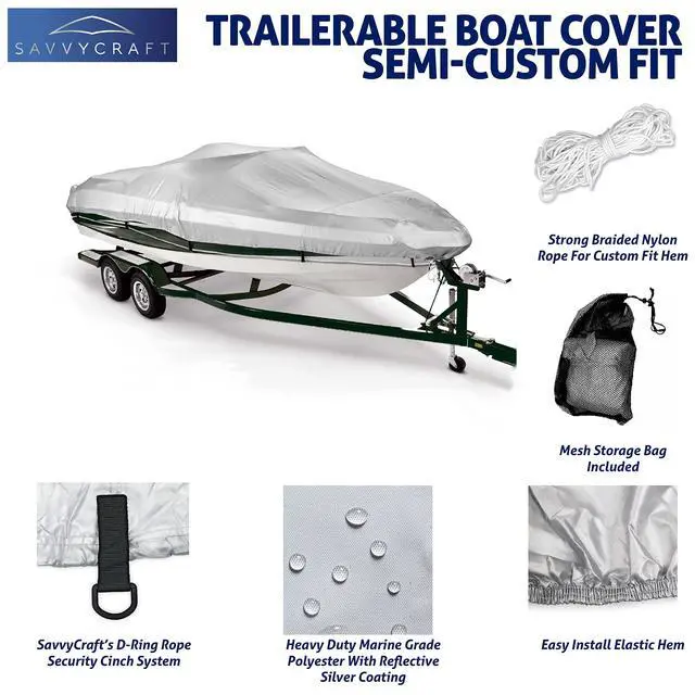 Alt view image 2 of 7 - Boat Cover 12'-14', Heavy Duty Waterproof Marine Grade Polyester fits V-Hull Runabouts, Pro-Style Bass Boats, Fish & Ski Boats 12ft-14ft Long, Beam up to 68"