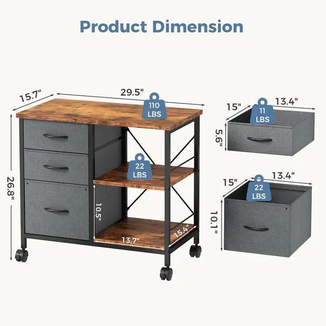 Alt view image 3 of 7 - 3-Tier Mobile File Cabinet, Rolling Printer Stand with Storage | Fabric Lateral Filing Cabinet fits A4/Letter Size, Under Desk Drawer Cabinet, Printer Cart for Home Office, Gray