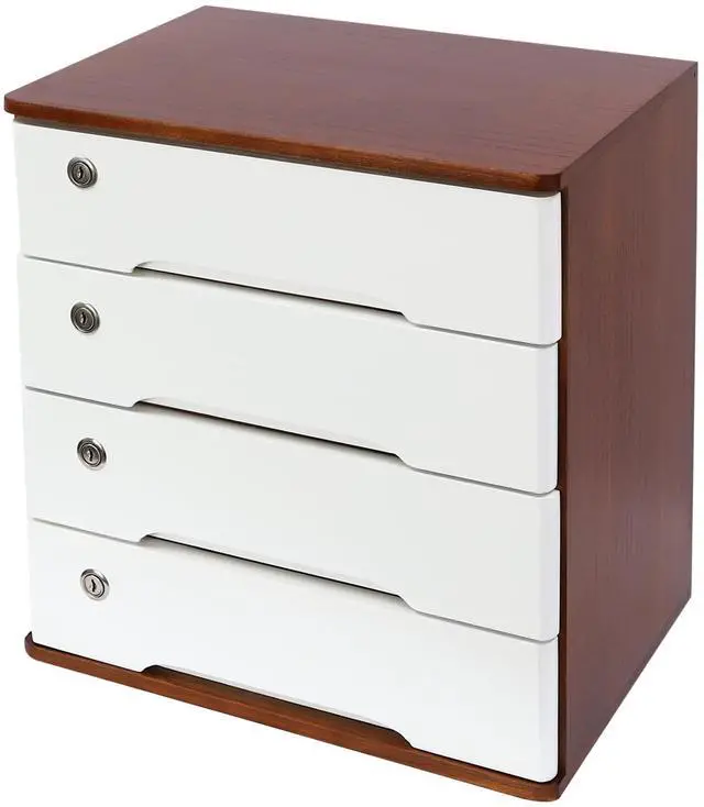 Main image of Wood Desk Organizer with 4 Drawers, Lockable Desktop Countertop Storage Cabinet for Home Office Supplies File Tabletop Storage Box, 15.75" x 11.02" x 15.94" (Dark Brown + White)