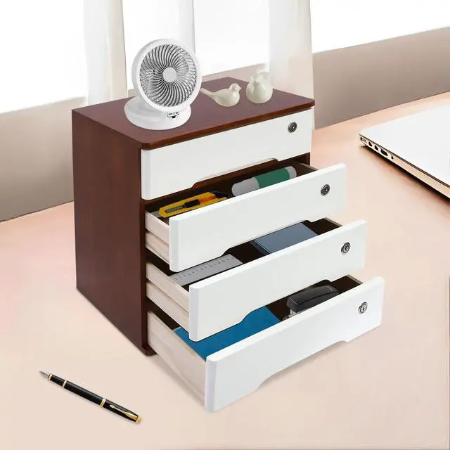 Alt view image 2 of 7 - Wood Desk Organizer with 4 Drawers, Lockable Desktop Countertop Storage Cabinet for Home Office Supplies File Tabletop Storage Box, 15.75" x 11.02" x 15.94" (Dark Brown + White)