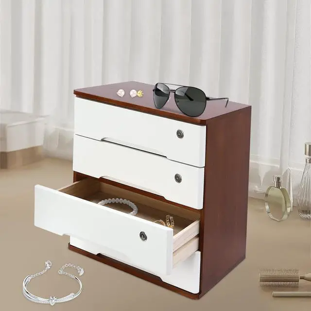 Alt view image 4 of 7 - Wood Desk Organizer with 4 Drawers, Lockable Desktop Countertop Storage Cabinet for Home Office Supplies File Tabletop Storage Box, 15.75" x 11.02" x 15.94" (Dark Brown + White)