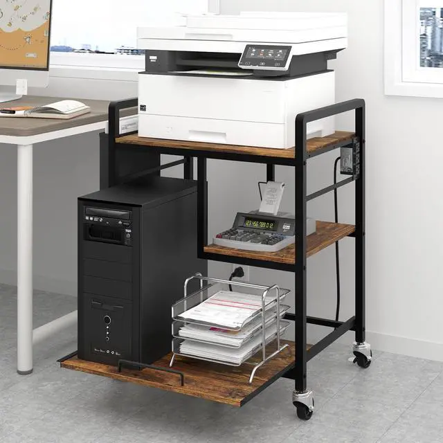 Main image of Large Printer Stand with Wheels: Lockable Rolling Printer Cart | 24 x 18 Inch Top Fits Laser Printers Shredders and PC Towers 3-Outlet Power Strip and Storage Bag for Home Office (Brown)