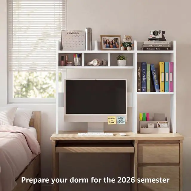 Alt view image 2 of 7 - Desk Hutch White Desktop Bookshelf Shelf - 37 Inch Computer Desk Organizer for Dorm Room, Wood Storage Rack for Home Office Desktop Display Shelves, Small Bookcase for Top of Desk