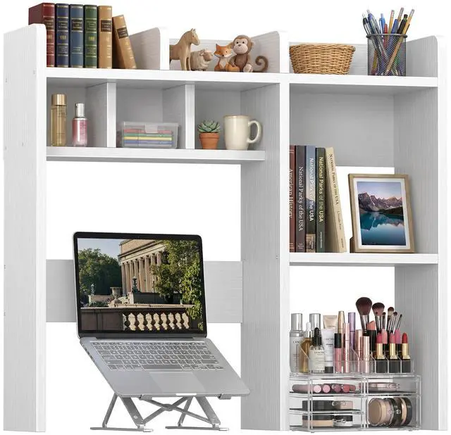 Main image of Desk Hutch White Desktop Bookshelf Shelf - 37 Inch Computer Desk Organizer for Dorm Room, Wood Storage Rack for Home Office Desktop Display Shelves, Small Bookcase for Top of Desk
