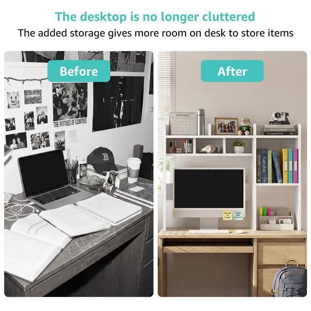 Alt view image 5 of 7 - Desk Hutch White Desktop Bookshelf Shelf - 37 Inch Computer Desk Organizer for Dorm Room, Wood Storage Rack for Home Office Desktop Display Shelves, Small Bookcase for Top of Desk