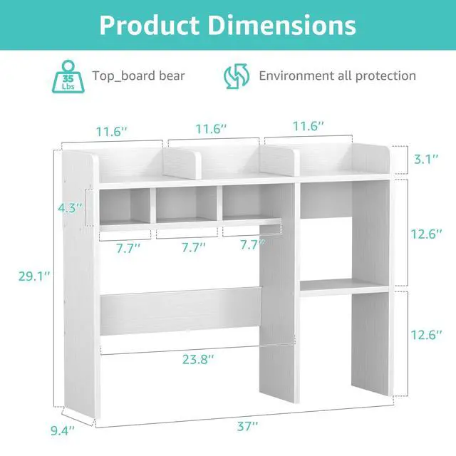 Alt view image 3 of 7 - Desk Hutch White Desktop Bookshelf Shelf - 37 Inch Computer Desk Organizer for Dorm Room, Wood Storage Rack for Home Office Desktop Display Shelves, Small Bookcase for Top of Desk