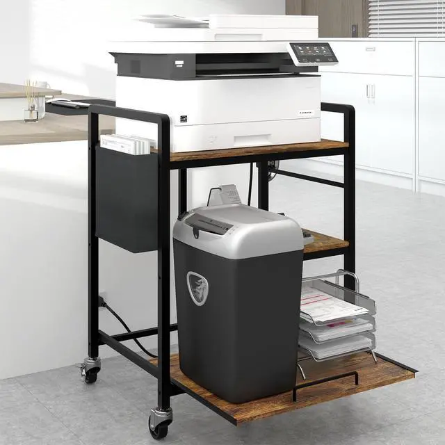 Alt view image 4 of 7 - Large Printer Stand with Wheels: Lockable Rolling Printer Cart | 24 x 18 Inch Top Fits Laser Printers Shredders and PC Towers 3-Outlet Power Strip and Storage Bag for Home Office (Brown)