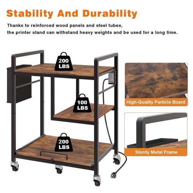 Alt view image 5 of 7 - Large Printer Stand with Wheels: Lockable Rolling Printer Cart | 24 x 18 Inch Top Fits Laser Printers Shredders and PC Towers 3-Outlet Power Strip and Storage Bag for Home Office (Brown)