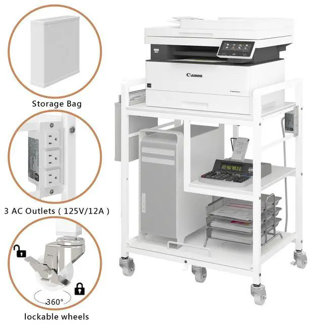 Alt view image 2 of 7 - Large Printer Stand with Wheels: Lockable Rolling Printer Cart | 24 x 18 Inch Top Fits Laser Printers Shredders and PC Towers 3-Outlet Power Strip and Storage Bag for Home Office (White)