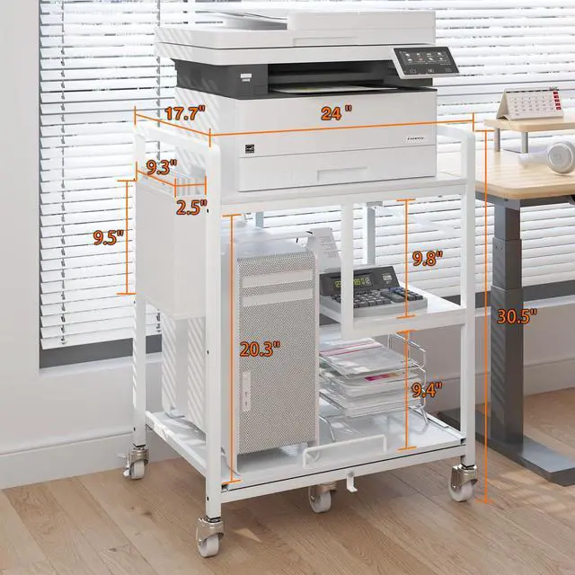 Alt view image 3 of 7 - Large Printer Stand with Wheels: Lockable Rolling Printer Cart | 24 x 18 Inch Top Fits Laser Printers Shredders and PC Towers 3-Outlet Power Strip and Storage Bag for Home Office (White)