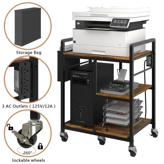 Alt view image 2 of 7 - Large Printer Stand with Wheels: Lockable Rolling Printer Cart | 24 x 18 Inch Top Fits Laser Printers Shredders and PC Towers 3-Outlet Power Strip and Storage Bag for Home Office (Brown)