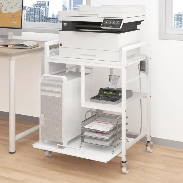 Main image of Large Printer Stand with Wheels: Lockable Rolling Printer Cart | 24 x 18 Inch Top Fits Laser Printers Shredders and PC Towers 3-Outlet Power Strip and Storage Bag for Home Office (White)