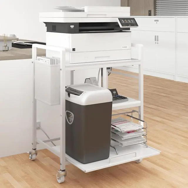 Alt view image 4 of 7 - Large Printer Stand with Wheels: Lockable Rolling Printer Cart | 24 x 18 Inch Top Fits Laser Printers Shredders and PC Towers 3-Outlet Power Strip and Storage Bag for Home Office (White)