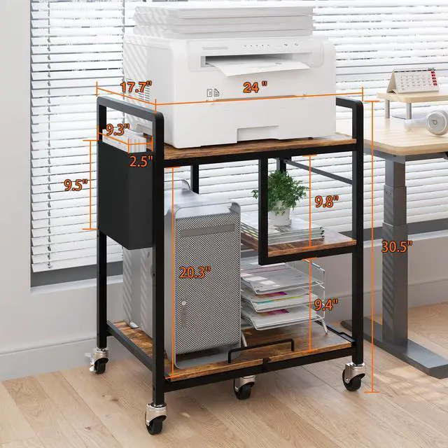 Alt view image 3 of 7 - Large Printer Stand with Wheels: Lockable Rolling Printer Cart | 24 x 18 Inch Top Fits Laser Printers Shredders and PC Towers 3-Outlet Power Strip and Storage Bag for Home Office (Brown)