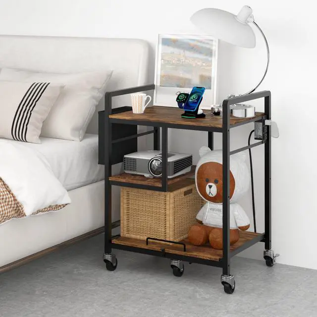 Alt view image 7 of 7 - Large Printer Stand with Wheels: Lockable Rolling Printer Cart | 24 x 18 Inch Top Fits Laser Printers Shredders and PC Towers 3-Outlet Power Strip and Storage Bag for Home Office (Brown)