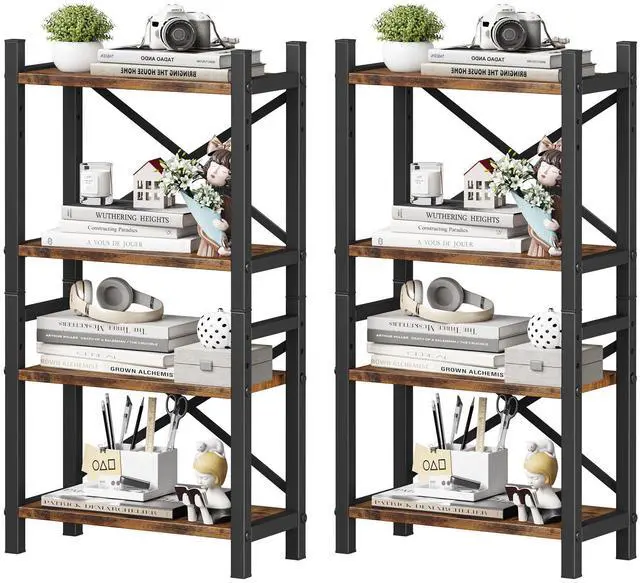 Main image of 2-Pack Desktop Bookshelf, 4-Tier Stackable Narrow Bookcase, Adjustable Industrial Desk Organizer & Hutch - Rustic Brown Wood Desktop Book Organizer for Living Room, Bedroom & Home Office