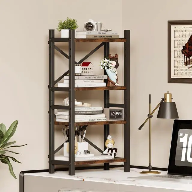 Alt view image 2 of 7 - 2-Pack Desktop Bookshelf, 4-Tier Stackable Narrow Bookcase, Adjustable Industrial Desk Organizer & Hutch - Rustic Brown Wood Desktop Book Organizer for Living Room, Bedroom & Home Office