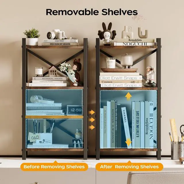 Alt view image 4 of 7 - 2-Pack Desktop Bookshelf, 4-Tier Stackable Narrow Bookcase, Adjustable Industrial Desk Organizer & Hutch - Rustic Brown Wood Desktop Book Organizer for Living Room, Bedroom & Home Office