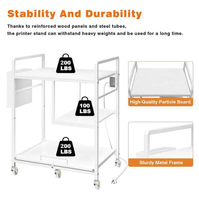 Alt view image 5 of 7 - Large Printer Stand with Wheels: Lockable Rolling Printer Cart | 24 x 18 Inch Top Fits Laser Printers Shredders and PC Towers 3-Outlet Power Strip and Storage Bag for Home Office (White)