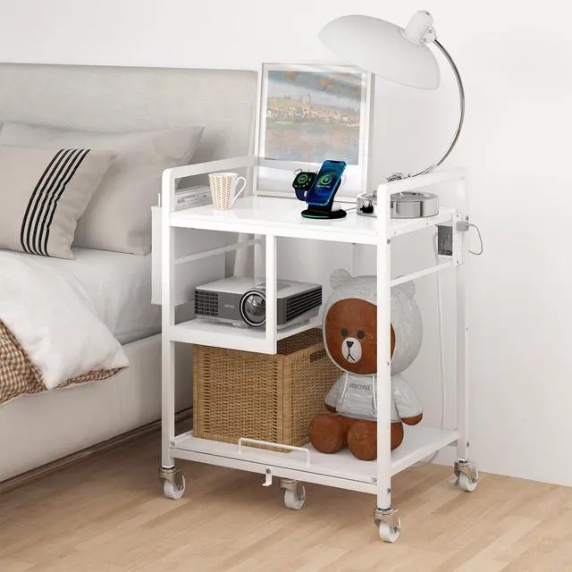 Alt view image 7 of 7 - Large Printer Stand with Wheels: Lockable Rolling Printer Cart | 24 x 18 Inch Top Fits Laser Printers Shredders and PC Towers 3-Outlet Power Strip and Storage Bag for Home Office (White)