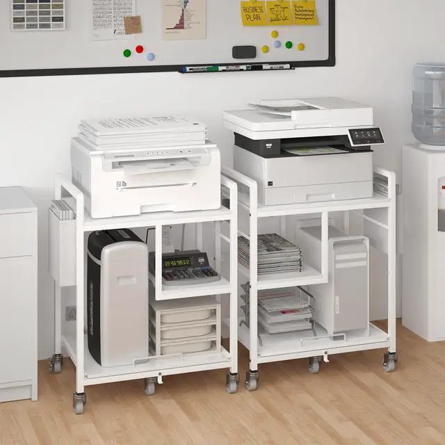 Alt view image 6 of 7 - Large Printer Stand with Wheels: Lockable Rolling Printer Cart | 24 x 18 Inch Top Fits Laser Printers Shredders and PC Towers 3-Outlet Power Strip and Storage Bag for Home Office (White)