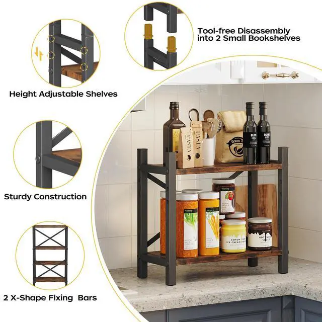 Alt view image 5 of 7 - 2-Pack Desktop Bookshelf, 4-Tier Stackable Narrow Bookcase, Adjustable Industrial Desk Organizer & Hutch - Rustic Brown Wood Desktop Book Organizer for Living Room, Bedroom & Home Office
