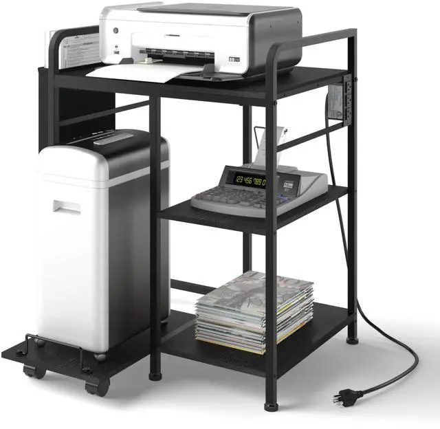 Main image of Large Home Printer Stand: 3 AC Outlets, 24x18 Inches Printer Table | Printer Shredder Stand with Storage for Home Office, 3 Tier Organizer Rack for Laser Printer, PC Tower,Fax Machine, Black
