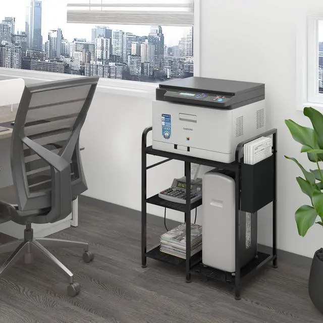Alt view image 4 of 7 - Large Home Printer Stand: 3 AC Outlets, 24x18 Inches Printer Table | Printer Shredder Stand with Storage for Home Office, 3 Tier Organizer Rack for Laser Printer, PC Tower,Fax Machine, Black